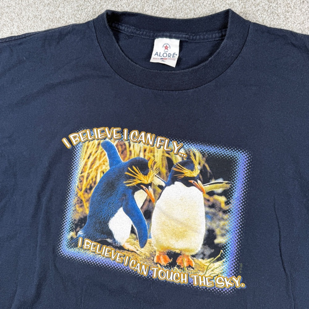 Alore Graphic Tee Men XL Blue I Believe I Can Fly Penguin Vintage Made in USA